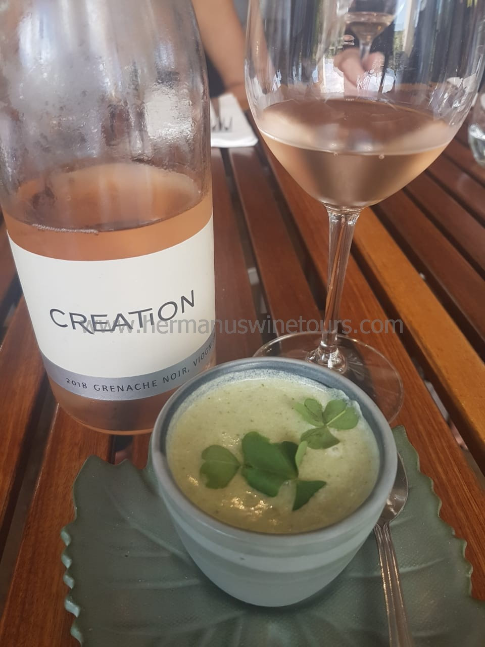 Cauliflower and Gorgonzola soup, rose wine, Hermanus restaurant, near Cape Town, South Africa
