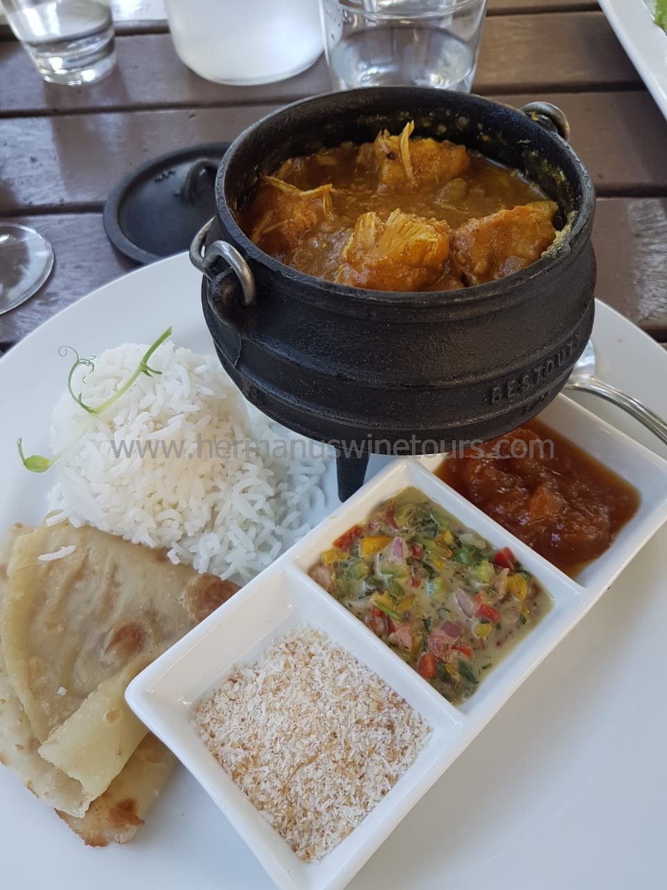 Indian chicken curry, sambals, roti, Hermanus restaurant, near Cape Town, South Africa
