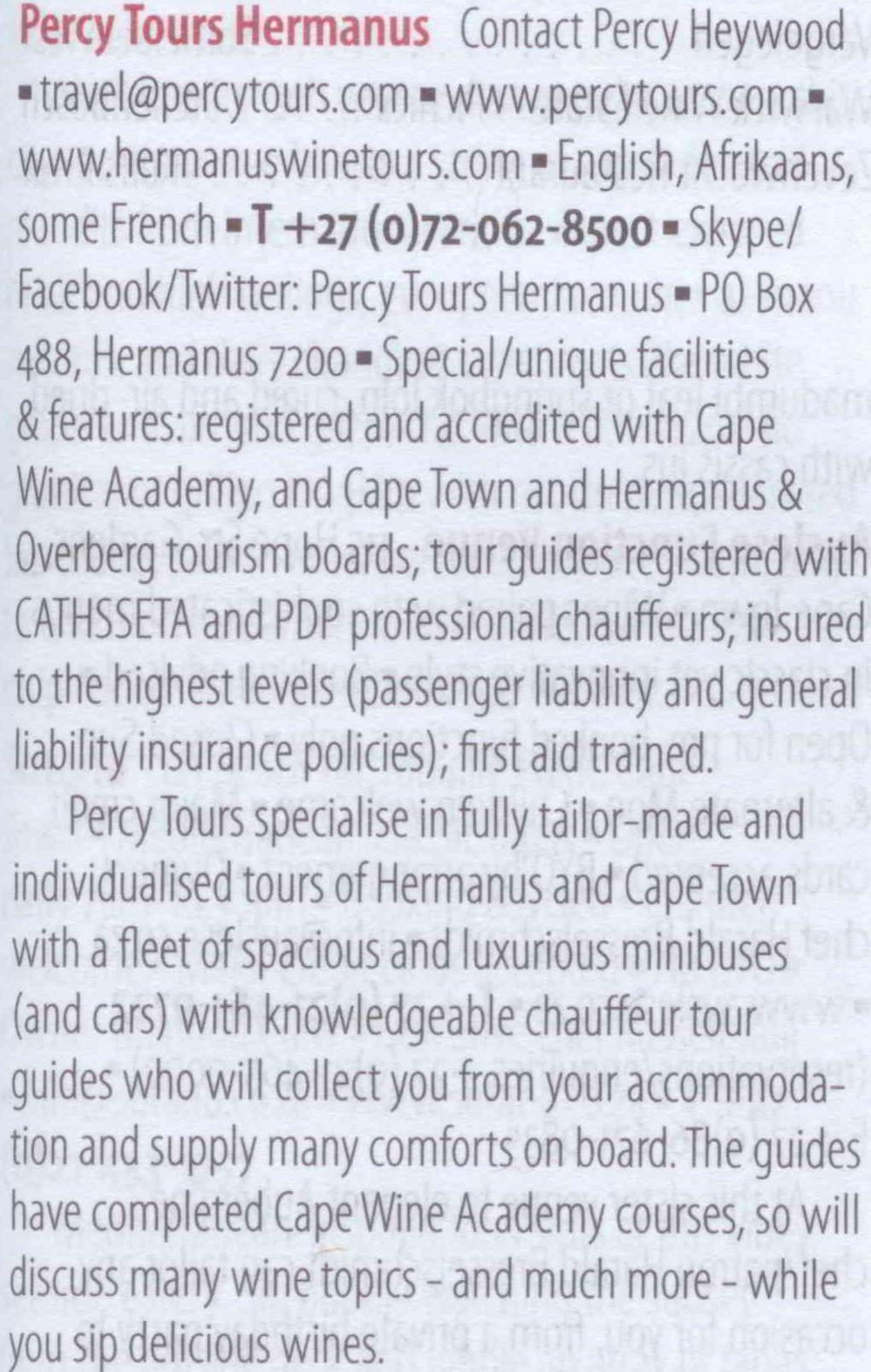 Percy Tours Wine Tours of Hermanus in the 2019 John Platter wine book of South Africa