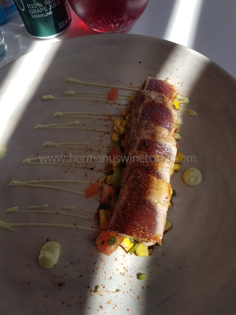 Seared tuna cutlets in spicy sweetcorn mayo jus, Hermanus restaurant, near Cape Town, South Africa