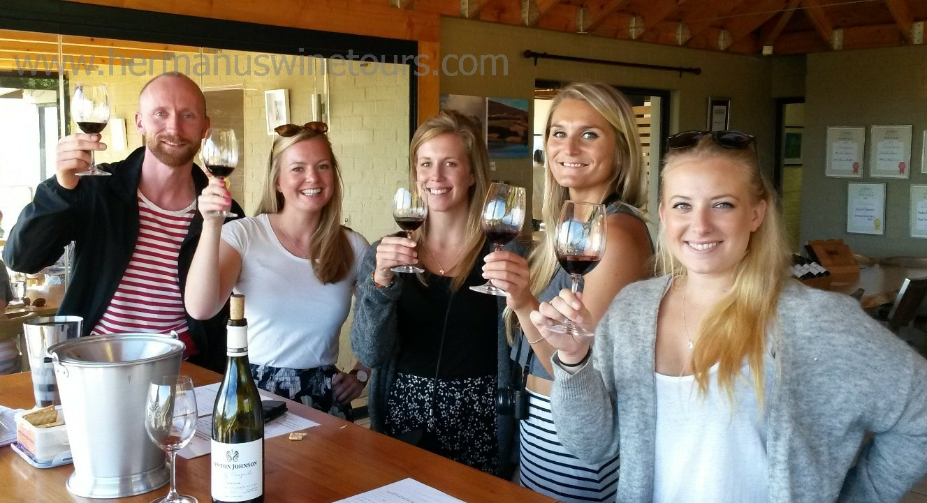 Happy tourists on a Wine Tour of Hermanus, with over 100 awarding wines to sample, near Cape Town, South Africa