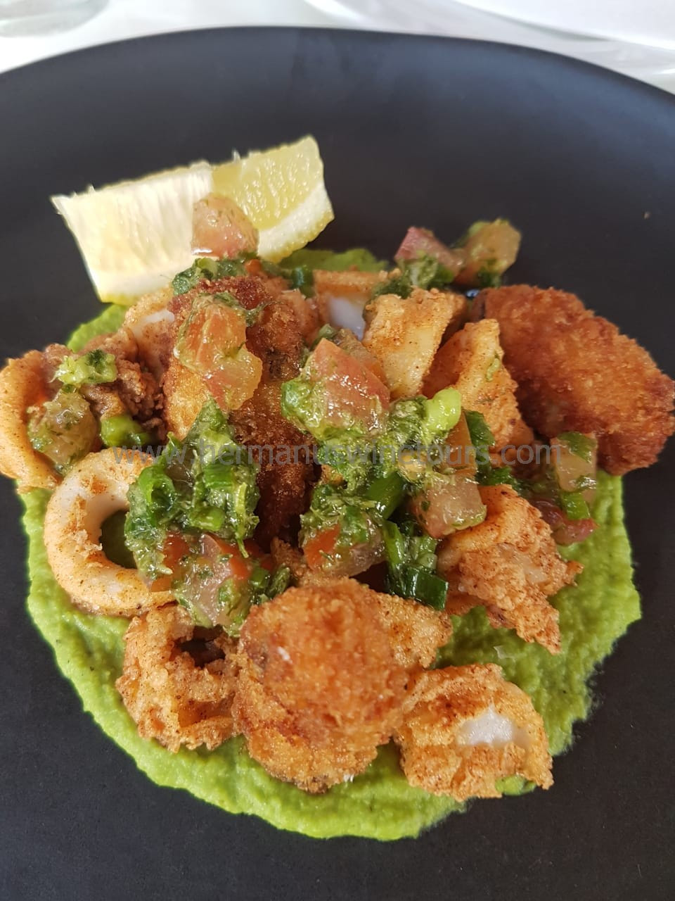 Spicy Calamari rings on pea mash, Hermanus restaurant, near Cape Town, South Africa