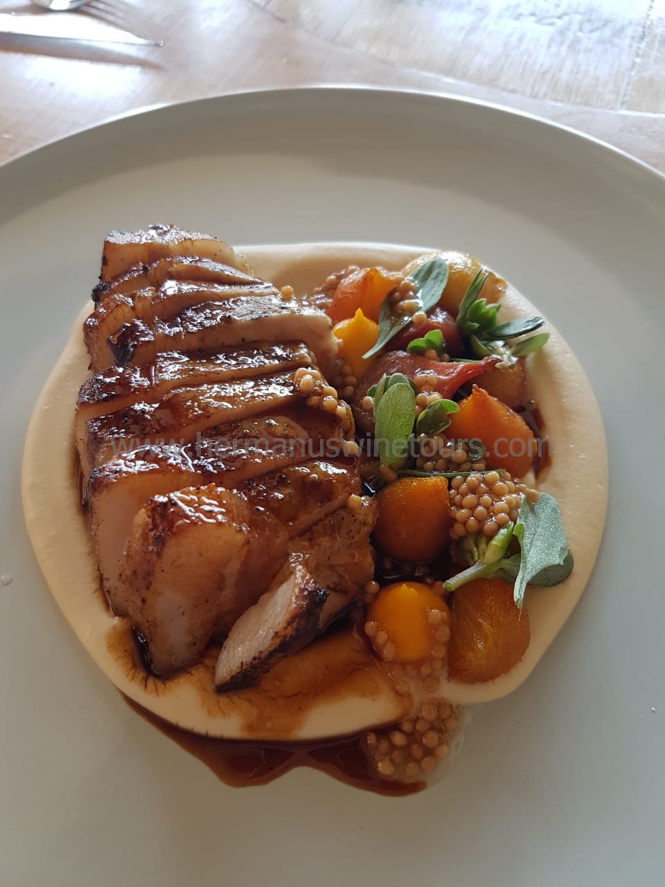 Duck breast, lentils, on bed of mash, Hermanus restaurant, near Cape Town, South Africa