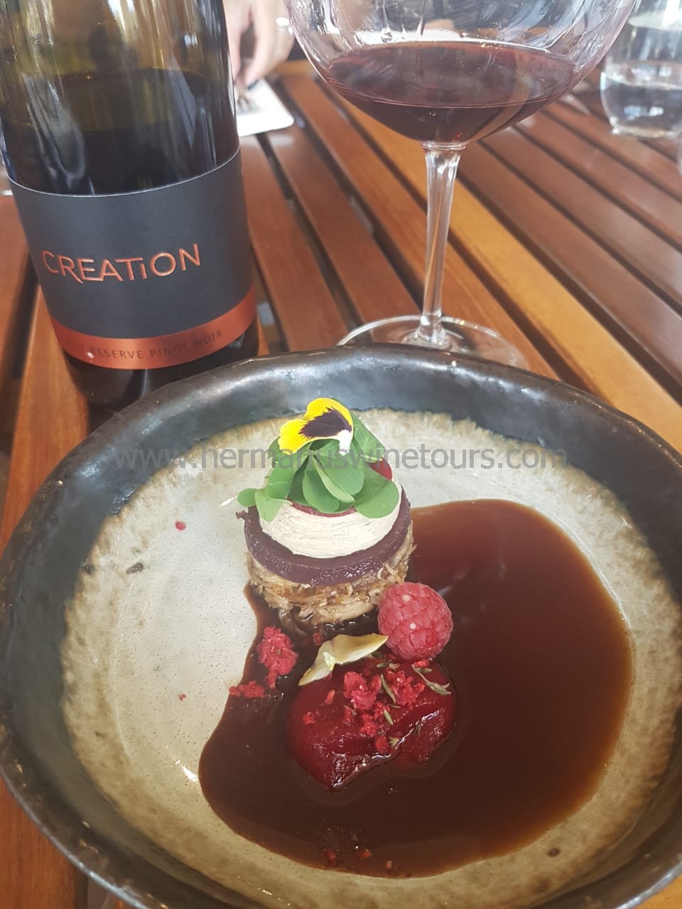 Duck deconstructed, beetroot, raspberry, goats cheese, with Pinot Noir, Hermanus restaurant, near Cape Twn, South Africa