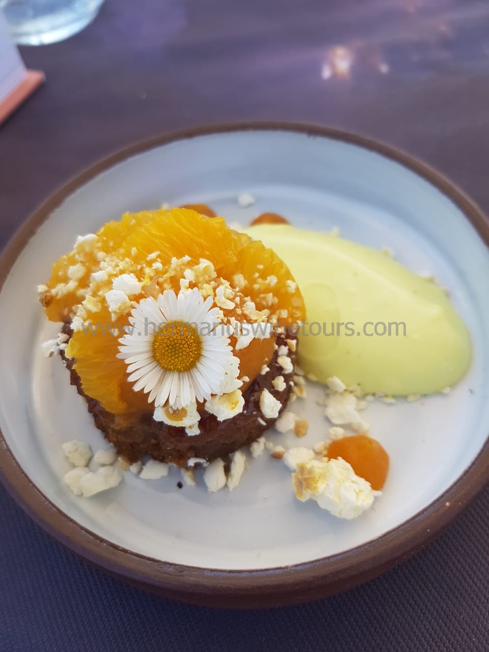 Malva orange pudding with popcorn, Hermanus restaurant, near Cape Town, South Africa