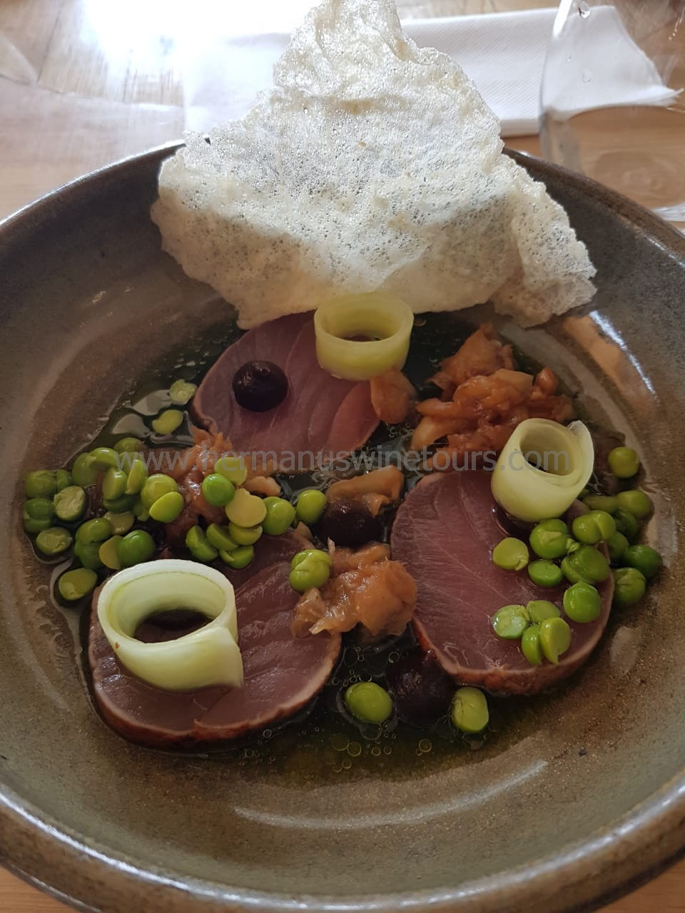 Seared tuna cutlets in soya sauce peas and leeks, Hermanus restaurant, near Cape Town, South Africa